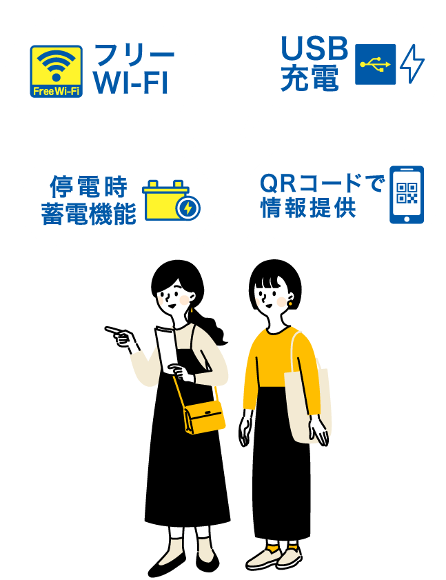 フリーWI-FI・USB充電・停電時バッテリー供給・QRコードで情報提供